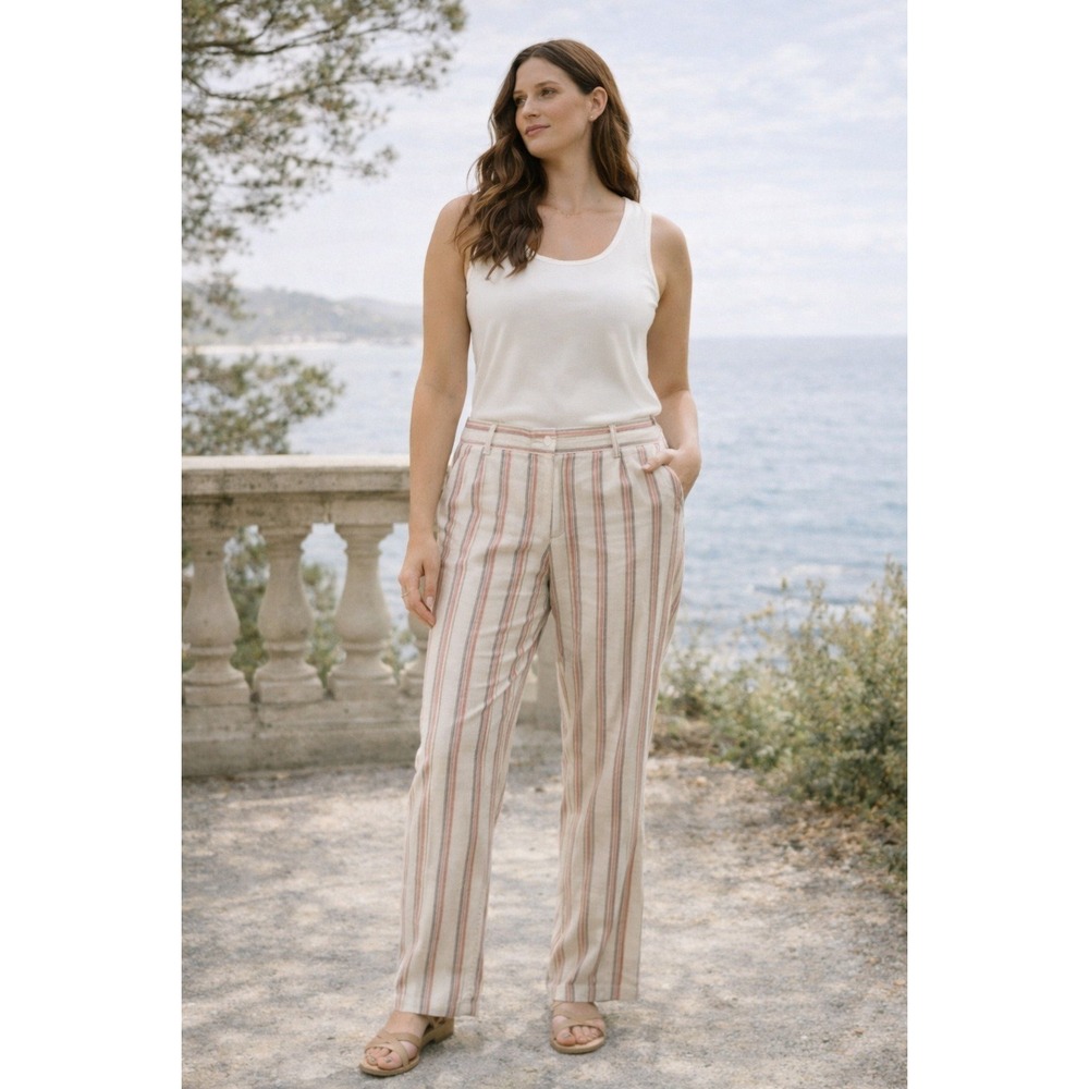 Ann Taylor LOFT Striped Linen Blend Pants‎ Women's Size 12T Coastal Trouser